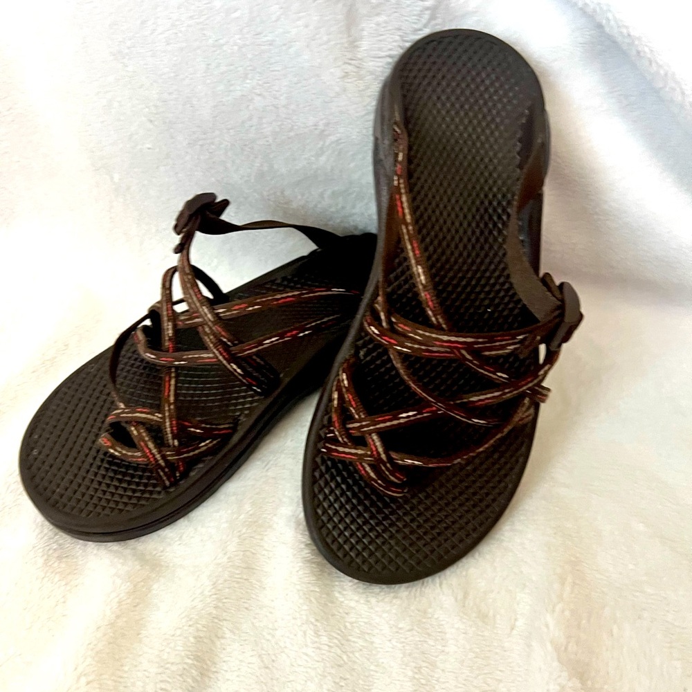 Chaco Women's Black Sandal with Brown and Red Accent Straps